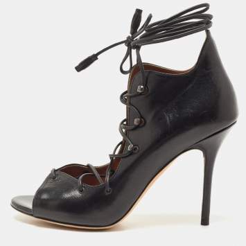 Pre Owned Malone Souliers Black Leather Savannah Open Toe Ankle Wrap Pumps Size 38.5