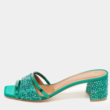 Pre Owned Malone Souliers Green Satin and Leather Embellished Slides Size 39