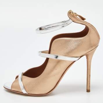 Pre Owned Malone Souliers Gold/Silver Leather Mika Triple Band Peep Toe Pumps Size 39