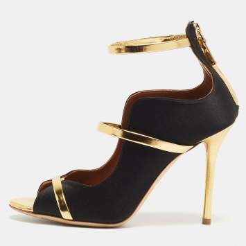 Pre Owned Malone Souliers Gold/Black Satin and Leather Mika Triple Band Sandals Size 37