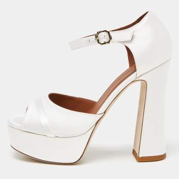 Pre Owned Malone Souliers White Satin Yuri Platform Sandals Size 35.5