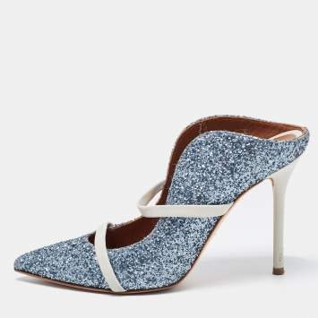Pre Owned Malone Souliers Blue Coarse Glitter and Leather Maureen Mules Size 37