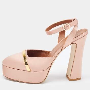 Pre Owned Malone Souliers Pink/Gold Satin Platform Mora Pumps Size 39