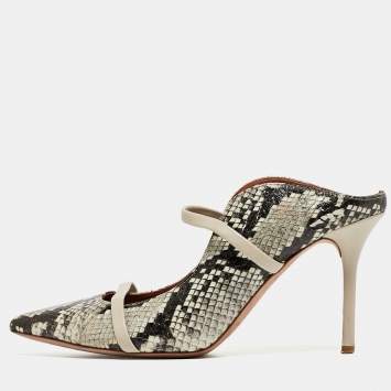 Pre Owned Malone Souliers Grey/Black Python Embossed Leather Maureen Mules Size 39
