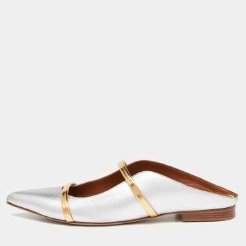 مملوكة مسبقًا Malone Souliers Silver/Gold Leather Maureen Flat Mules Size 38.5