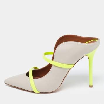 مملوكة مسبقًا Malone Souliers Grey/Neon Green Leather and Patent Maureen Mules Size 39