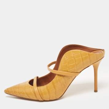 مملوكة مسبقًا Malone Souliers Yellow Croc Embossed Maureen Mules Size 40.5