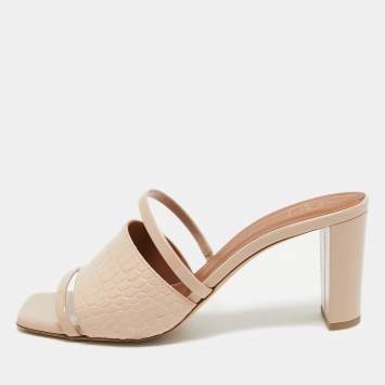 Pre Owned Malone Souliers  Beige Croc Embossed Leather Slides Size 39 