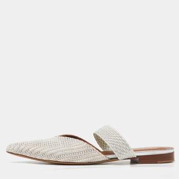 Pre Owned Malone Souliers Silver Woven Canvas Maisie Flat Mules Size 37.5