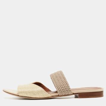 Pre Owned Malone Souliers Cream Woven Raffia Rodena Flat Slides Size 37
