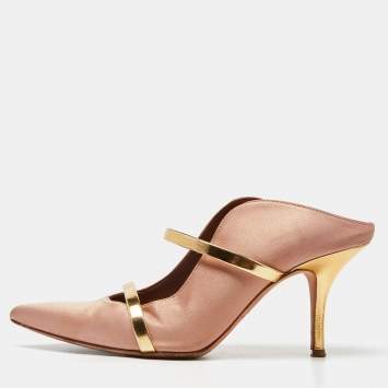 Pre Owned Malone Souliers Peach Satin and Leather Maureen Mules Size 37