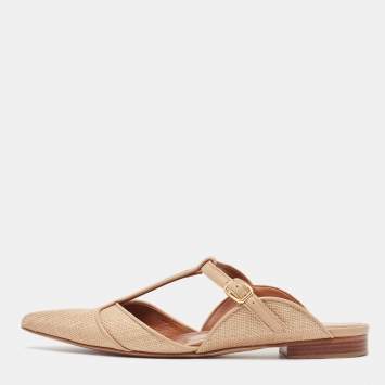 Pre Owned Malone Souliers Beige/Leather Raffia and Leather Marion Buckle Detail Flat Sandals Size 36