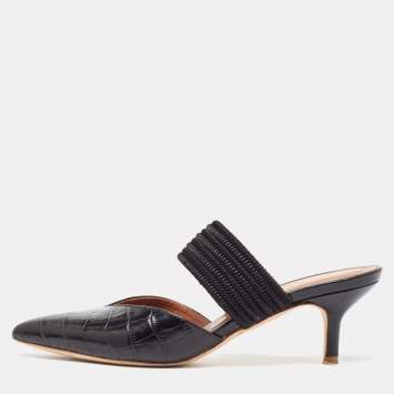 Pre Owned Malone Souliers Black Croc Embossed Leather Maisie Mules Size 36.5