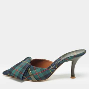 مملوكة مسبقًا Malone Souliers Green Check Canvas Pointed Toe Mules Size 38.5