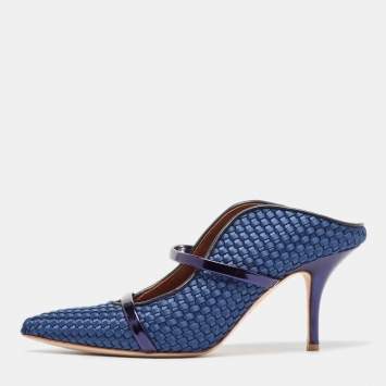 Pre Owned Malone Souliers Navy Blue Woven Satin and Leather Maureen Mules Size 38.5