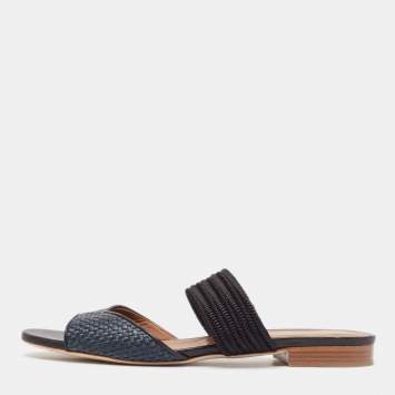 Pre Owned Malone Souliers Grey/Black Woven Raffia Slides Size 40.5
