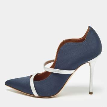 Pre Owned Malone Souliers Navy Blue/Silver Fabric and Leather Maureen Pumps Size 37.5