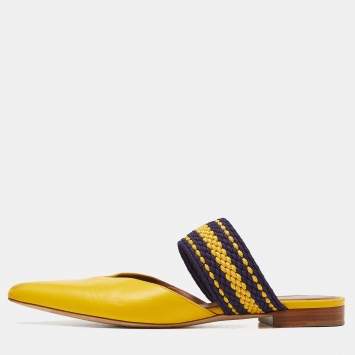 Pre Owned Malone Souliers Yellow Leather and Fabric Maisie Flat Mules Size 37