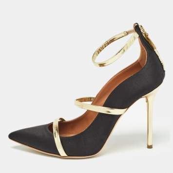 Pre Owned Malone Souliers Black Satin and Foil Leather Robyn Strappy Pumps Size 40