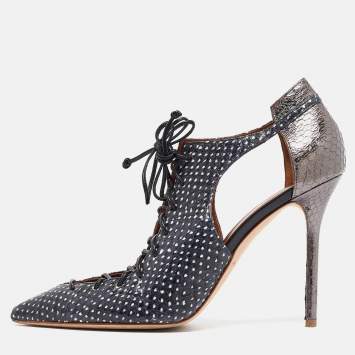 Pre Owned Malone Souliers Navy Blue/Grey Python Montana Lace Up Booties Size 41