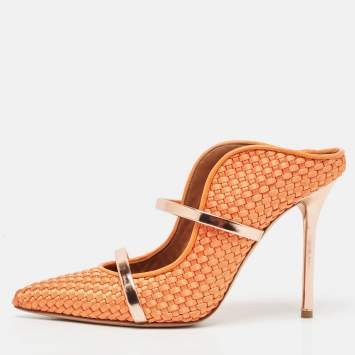 Pre Owned Malone Souliers Orange Woven Satin Maureen Mules Size 38