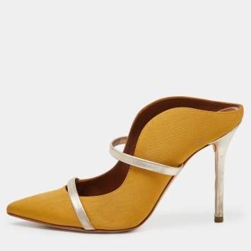 Pre Owned Malone Souliers Mustard Yellow/Gold Fabric and Leather Maureen Mules Size 37