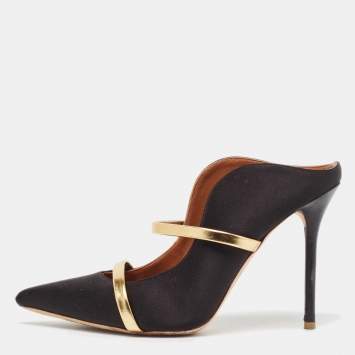 مملوكة مسبقًا Malone Souliers Black/Gold Satin and Leather Maureen Mules Size 38.5