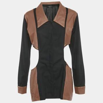 مملوكة مسبقًا Mamzi Black /Brown Cotton & Leather Cut Out Shirt L