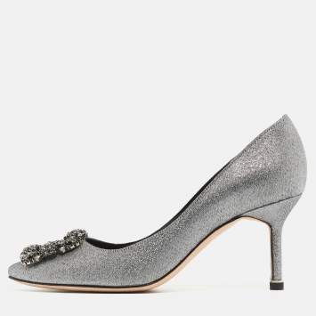 Pre Owned Manolo Blahnik Silver Lurex Fabric Hangisi Pumps Size 36