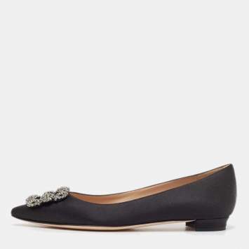 Pre Owned Manolo Blahnik Black Satin Hangisi Ballet Flats Size 38