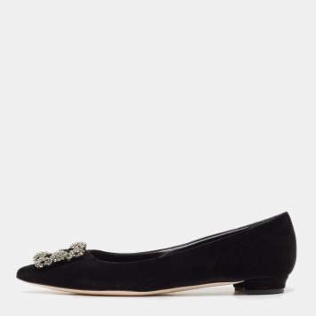Pre Owned Manolo Blahnik Black Velvet Hangisi Ballet Flats Size 38.5