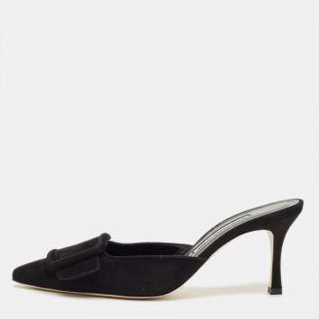 Pre Owned Manolo Blahnik Black Suede Maysale Mules Size 38