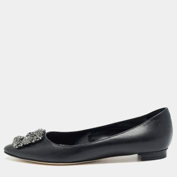 Pre Owned Manolo Blahnik Hangisi Size 37.5 Black Leather Ballet Flats