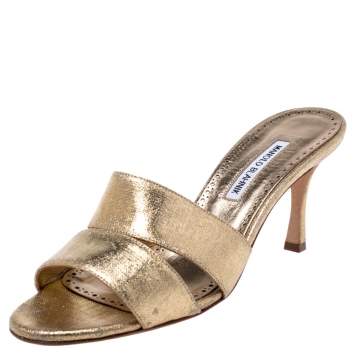 Pre Owned Manolo Blahnik Metallic Gold Leather Lacopo Open Toe Sandals Size 40.5