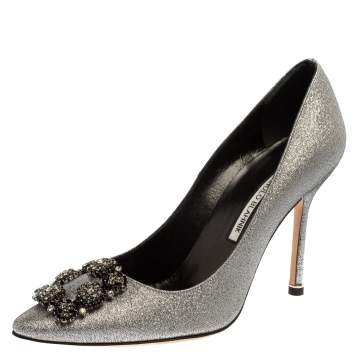 Pre Owned Manolo Blahnik Silver Lurex Hangisi Pointed Toe Pumps Size 38.5