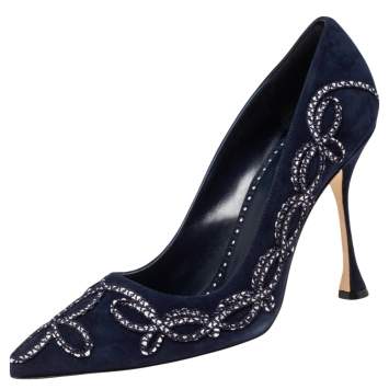 Pre Owned Manolo Blahnik Blue Suede Embroidered Pointed Toe Pumps Size 41