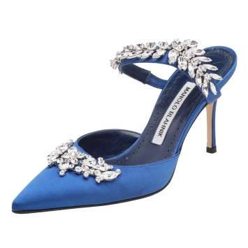 Pre Owned Manolo Blahnik Blue Satin Lurum Crystal Embellished Pointed Toe Sandals Size 36