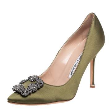 Pre Owned Manolo Blahnik Green Satin Hangisi Pumps Size 36.5