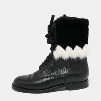 Pre Owned Manolo Blahnik Black/White Leather and Fur Ankle Boots Size 36.5