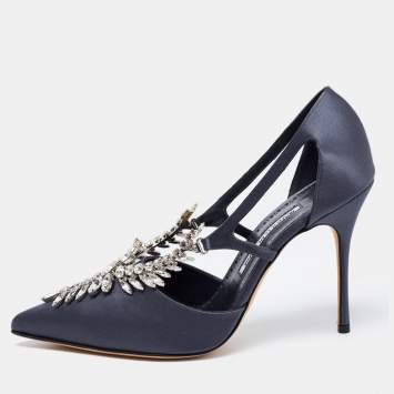 Pre Owned Manolo Blahnik Dark Grey Satin Lala Crystal Embellished Pointed Toe Pumps Size 40