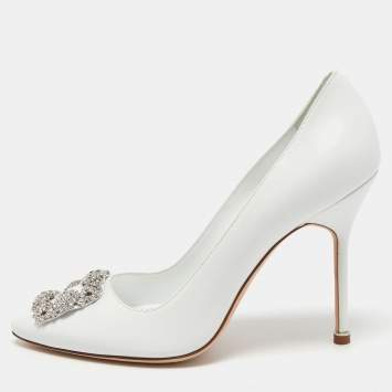 Pre Owned Manolo Blahnik White Leather Hangisi Pumps Size 40