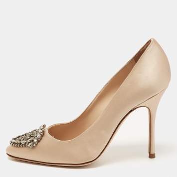 Pre Owned Manolo Blahnik Light Gold Satin Okkava Pumps Size 36.5