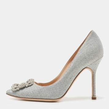 Pre Owned Manolo Blahnik Glitter Fabric Hangisi Crystal Embellished Pointed Toe Pumps Size 36.5