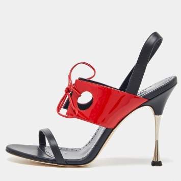 مملوكة مسبقًا Manolo Blahnik Blue/Red Leather and Patent Ankle Strap Sandals Size 41