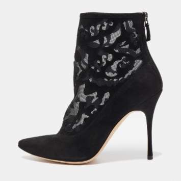 Pre Owned Manolo Blahnik Black Suede and Mesh Ankle Booties Size 37