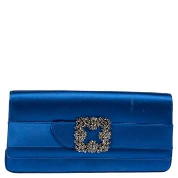 Pre Owned Manolo Blahnik Royal Blue Satin Gothisi Buckle Clutch