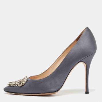 Pre Owned Manolo Blahnik Grey Satin Okkava Pumps Size 38