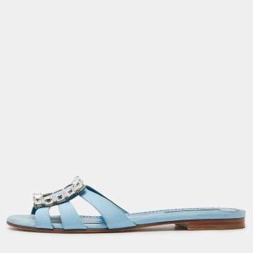 Pre Owned Manolo Blahnik Blue Fabric Crystal Embellished Flat Slides Size 40 