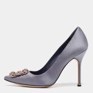 Pre Owned Manolo Blahnik Grey Satin Hangisi Pumps Size 39
