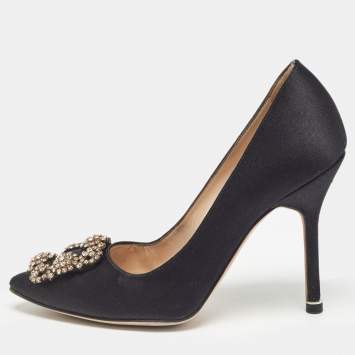 Pre Owned Manolo Blahnik Black Satin Hangisi Pumps Size 36